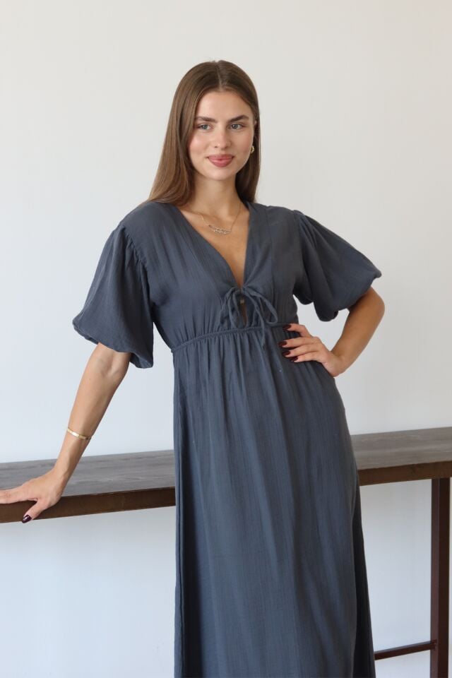 Balenbi Kadın Hafif Transparan Basic Önden Bağlamalı Müslin Elbise 1105 S - Antrasit