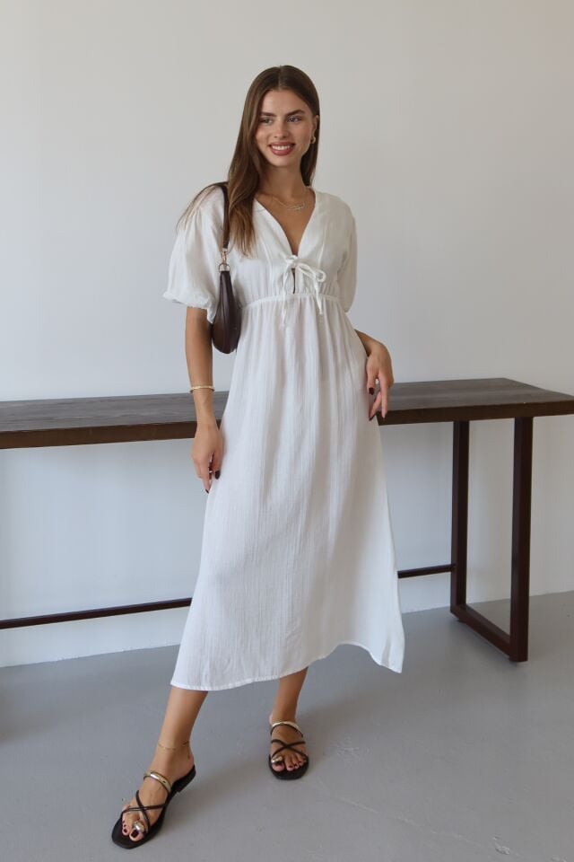 Balenbi Kadın Hafif Transparan Basic Önden Bağlamalı Müslin Elbise 1105 S - Beyaz