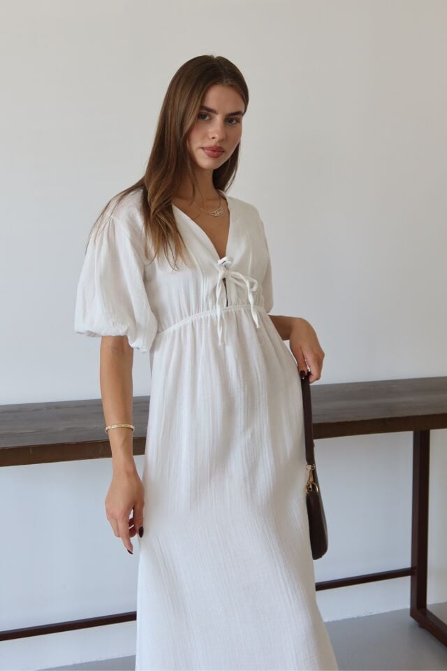 Balenbi Kadın Hafif Transparan Basic Önden Bağlamalı Müslin Elbise 1105 S - Beyaz