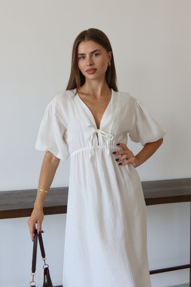 Balenbi Kadın Hafif Transparan Basic Önden Bağlamalı Müslin Elbise 1105 S - Beyaz