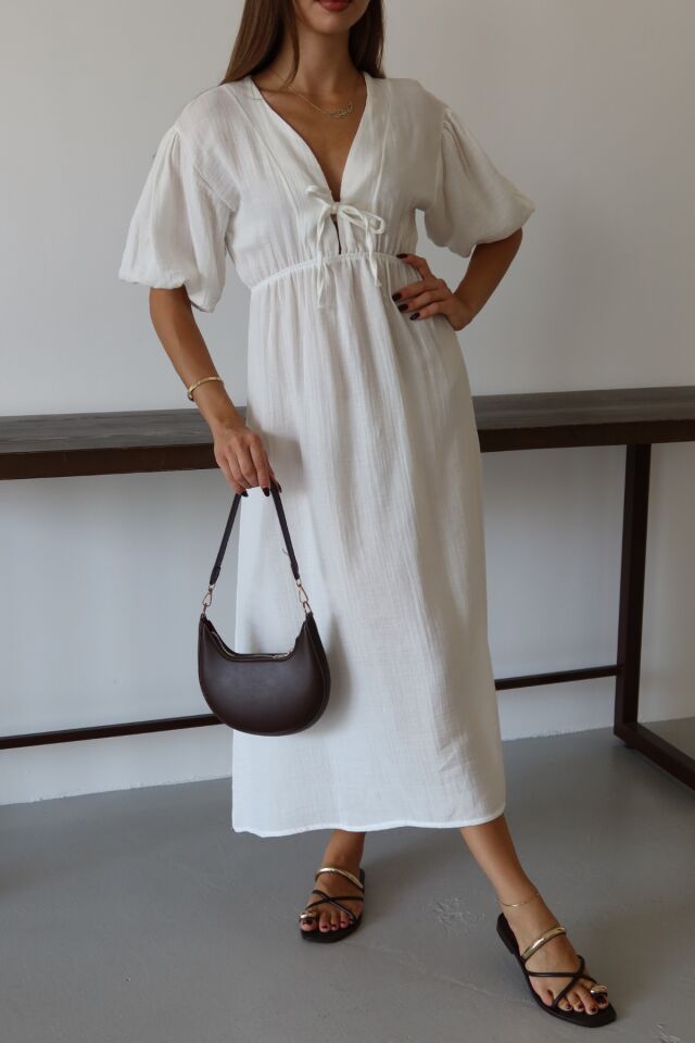 Balenbi Kadın Hafif Transparan Basic Önden Bağlamalı Müslin Elbise 1105 S - Beyaz