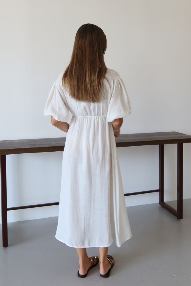 Balenbi Kadın Hafif Transparan Basic Önden Bağlamalı Müslin Elbise 1105 S - Beyaz