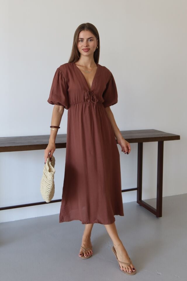 Balenbi Kadın Hafif Transparan Basic Önden Bağlamalı Müslin Elbise 1105 S - Kahverengi