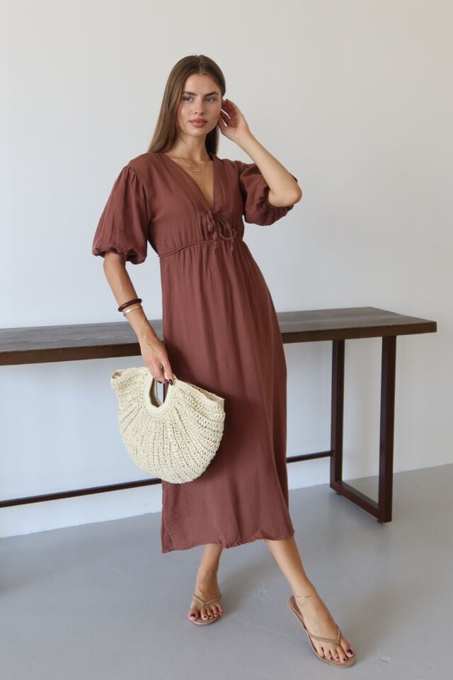 Balenbi Kadın Hafif Transparan Basic Önden Bağlamalı Müslin Elbise 1105 S - Kahverengi