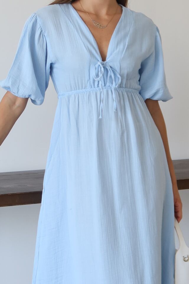 Balenbi Kadın Hafif Transparan Basic Önden Bağlamalı Müslin Elbise 1105 Mavi - S