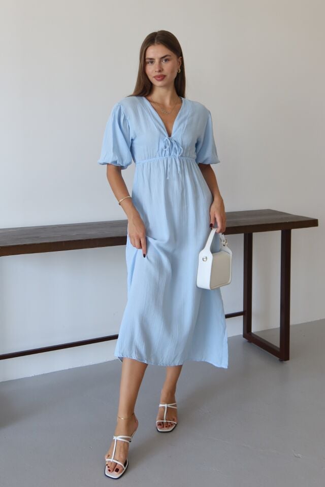 Balenbi Kadın Hafif Transparan Basic Önden Bağlamalı Müslin Elbise 1105 Mavi - S