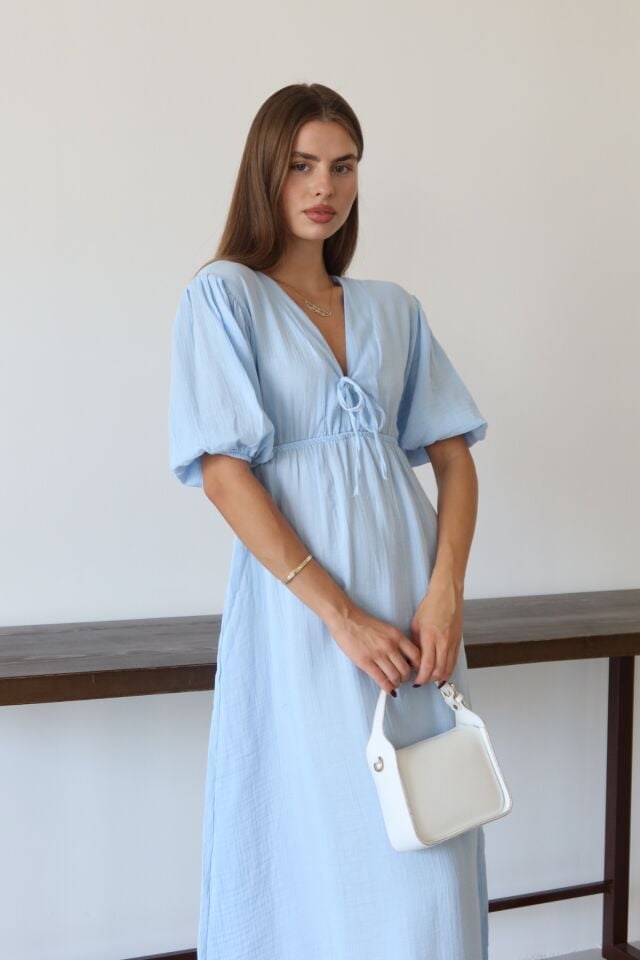 Balenbi Kadın Hafif Transparan Basic Önden Bağlamalı Müslin Elbise 1105 S - Mavi