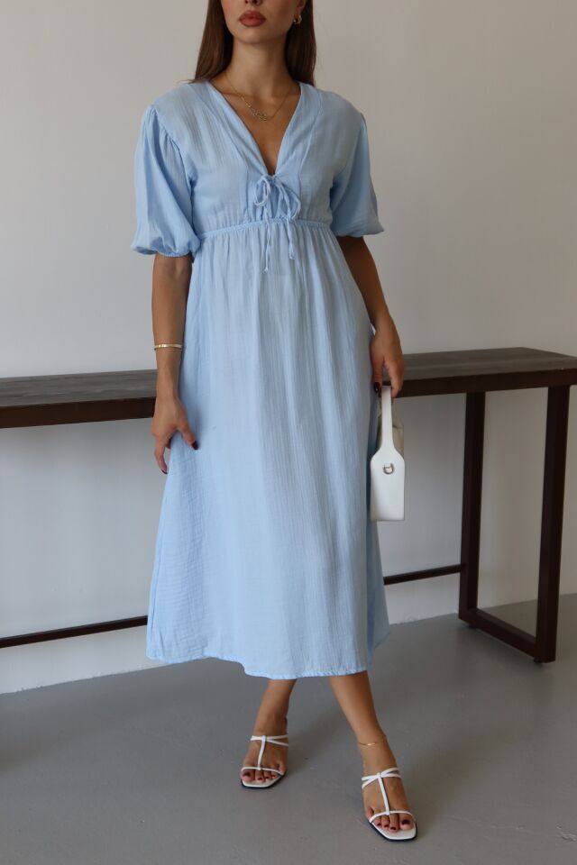 Balenbi Kadın Hafif Transparan Basic Önden Bağlamalı Müslin Elbise 1105 S - Mavi