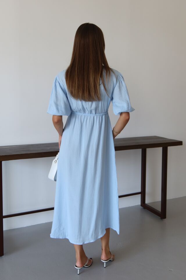 Balenbi Kadın Hafif Transparan Basic Önden Bağlamalı Müslin Elbise 1105 S - Mavi