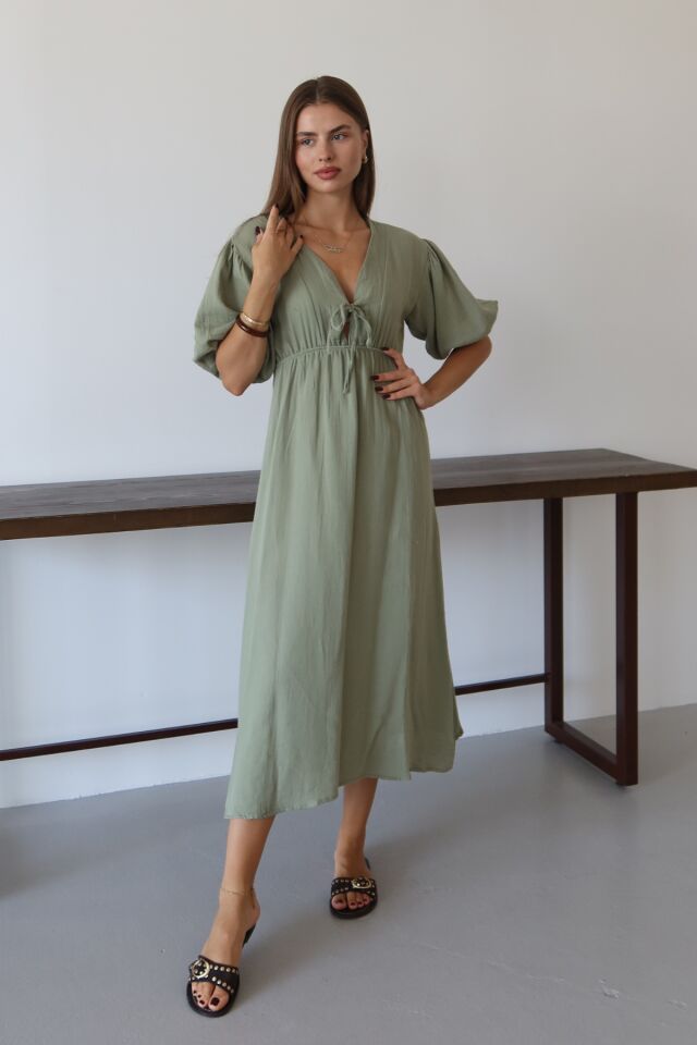 Balenbi Kadın Hafif Transparan Basic Önden Bağlamalı Müslin Elbise 1105 Yeşil - S