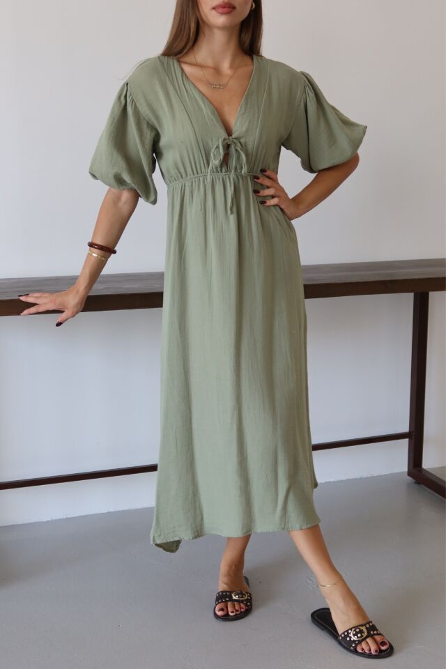 Balenbi Kadın Hafif Transparan Basic Önden Bağlamalı Müslin Elbise 1105 S - Yeşil