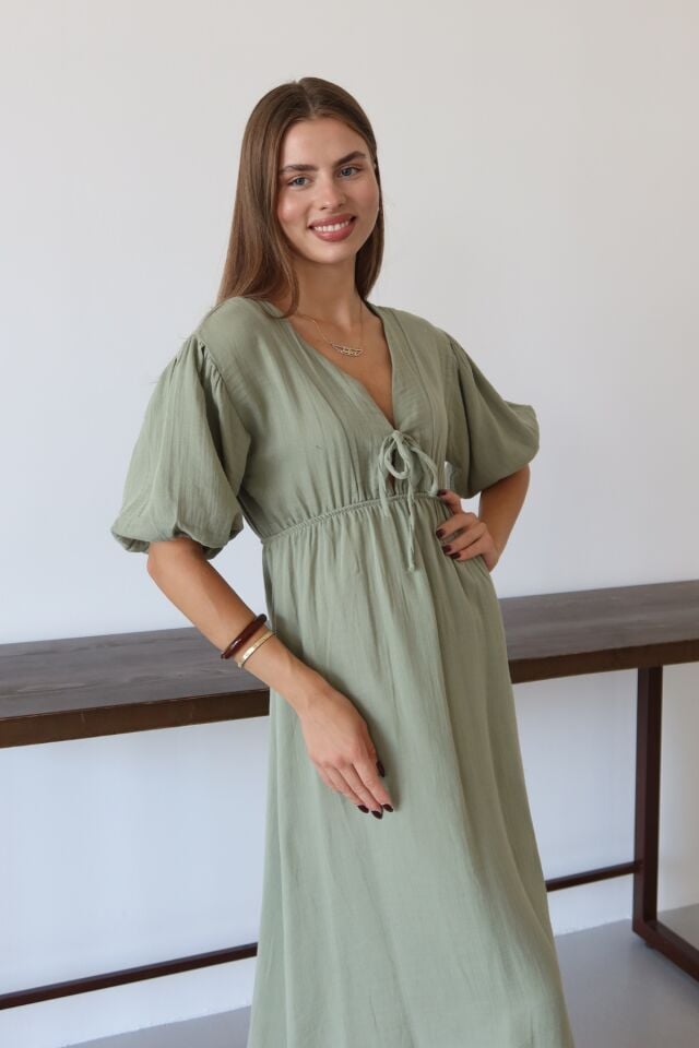 Balenbi Kadın Hafif Transparan Basic Önden Bağlamalı Müslin Elbise 1105 S - Yeşil