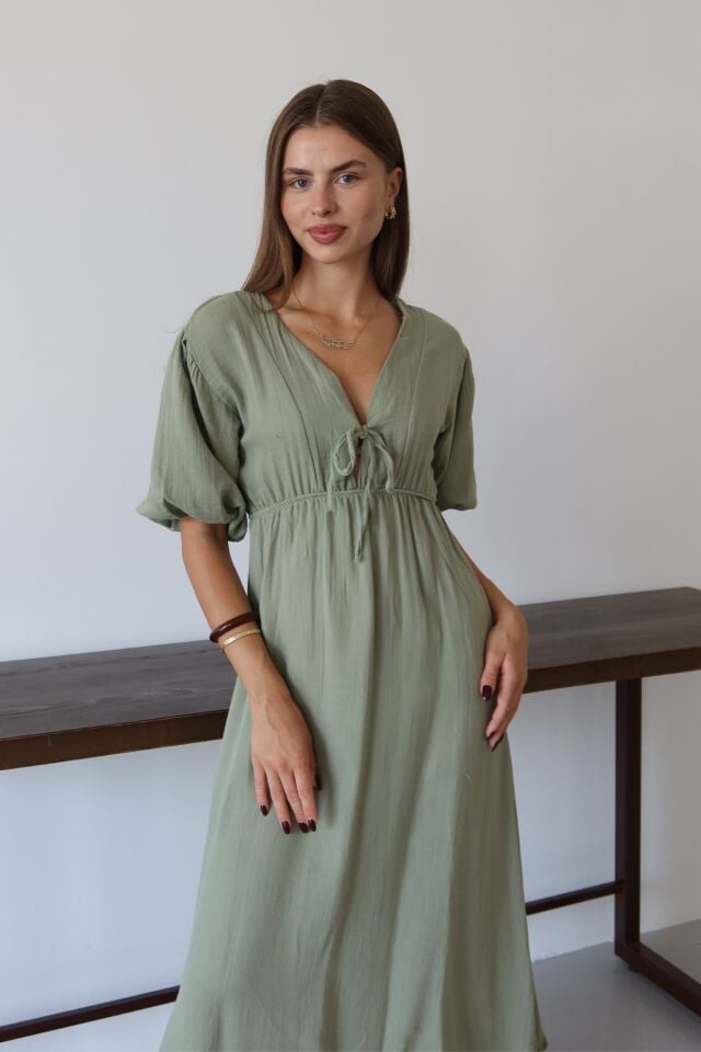 Balenbi Kadın Hafif Transparan Basic Önden Bağlamalı Müslin Elbise 1105 S - Yeşil