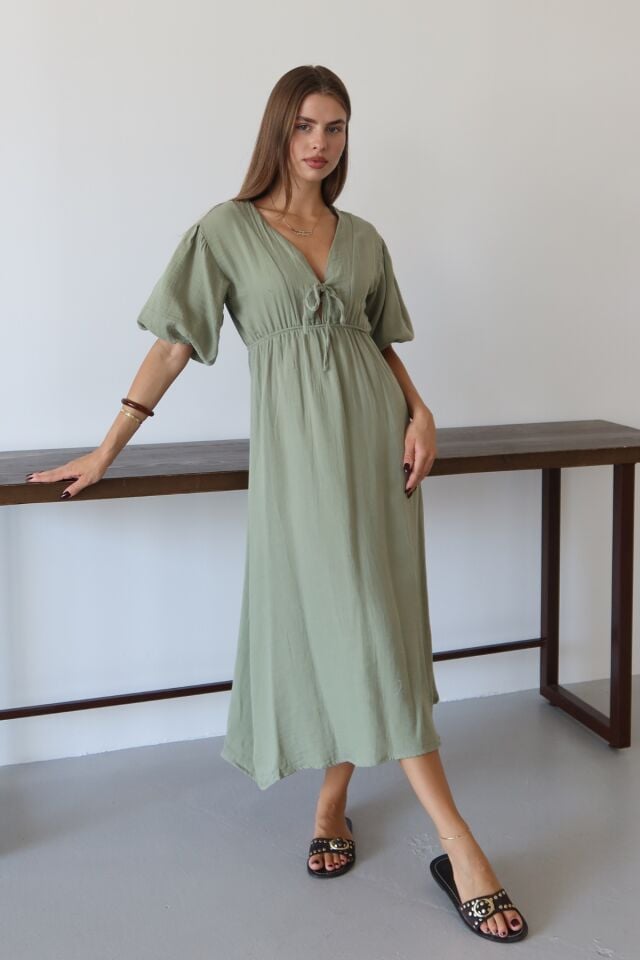 Balenbi Kadın Hafif Transparan Basic Önden Bağlamalı Müslin Elbise 1105 S - Yeşil