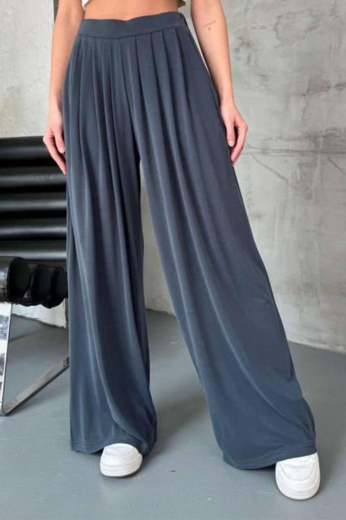 Feela Moda Kadın Beli Lastikli Modal Dokuma Pileli Şalvar Kadın Pantolon 2012 38 - Füme