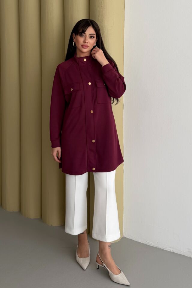Balenbi Hakim Yaka Çıtçıtlı Cep Detaylı Modal Tesettür Tunik 1191 - Form Serisi XL - Bordo