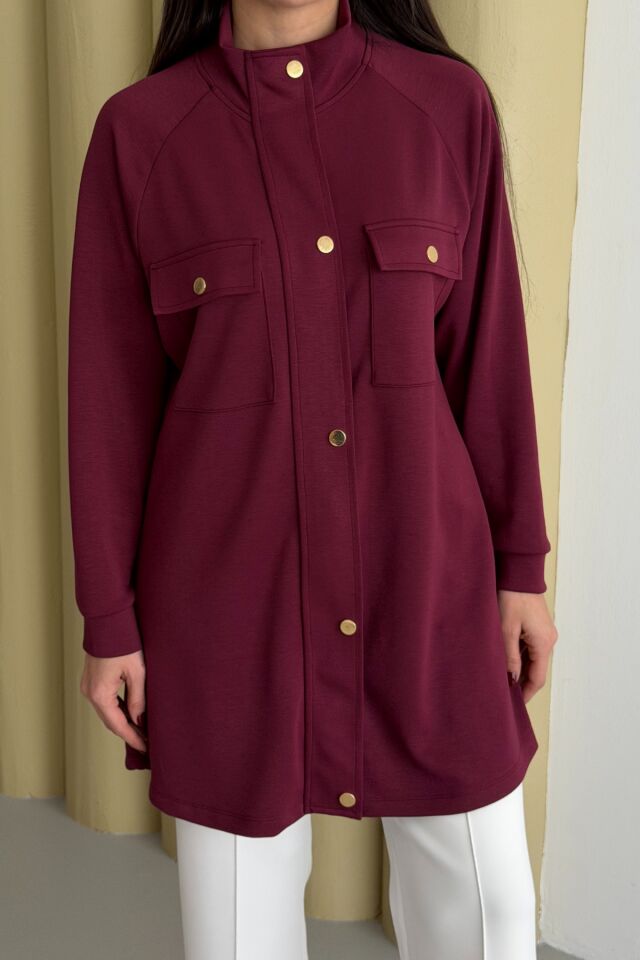 Balenbi Hakim Yaka Çıtçıtlı Cep Detaylı Modal Tesettür Tunik 1191 - Form Serisi XL - Bordo