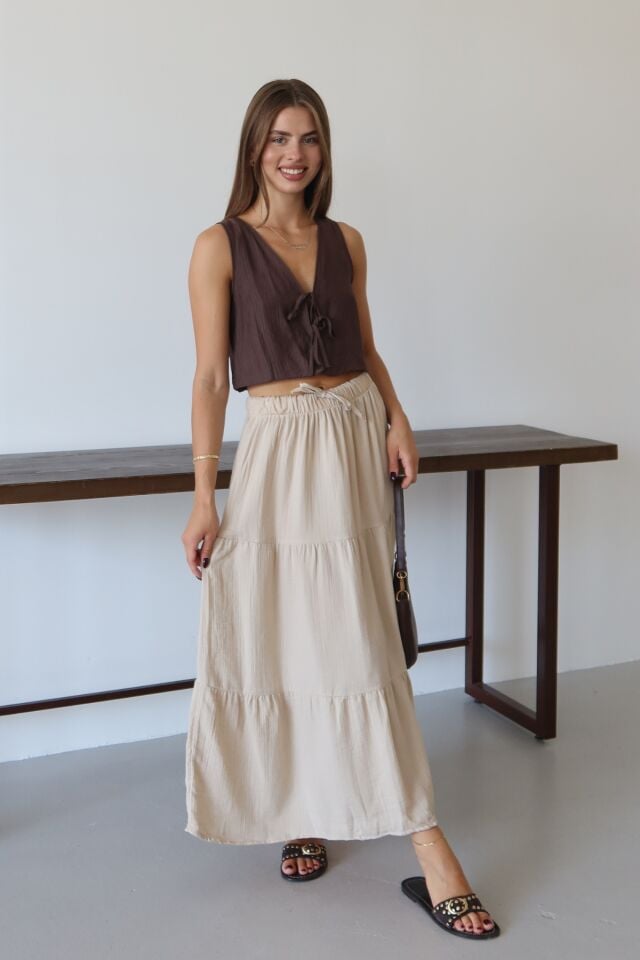 Balenbi Kadın Basic Beli Bağcıklı Müslin Etek 1104 Bej - 38