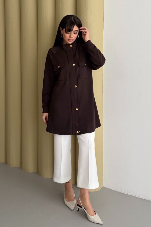 Balenbi Hakim Yaka Çıtçıtlı Cep Detaylı Modal Tesettür Tunik 1191 - Form Serisi S - Kahverengi