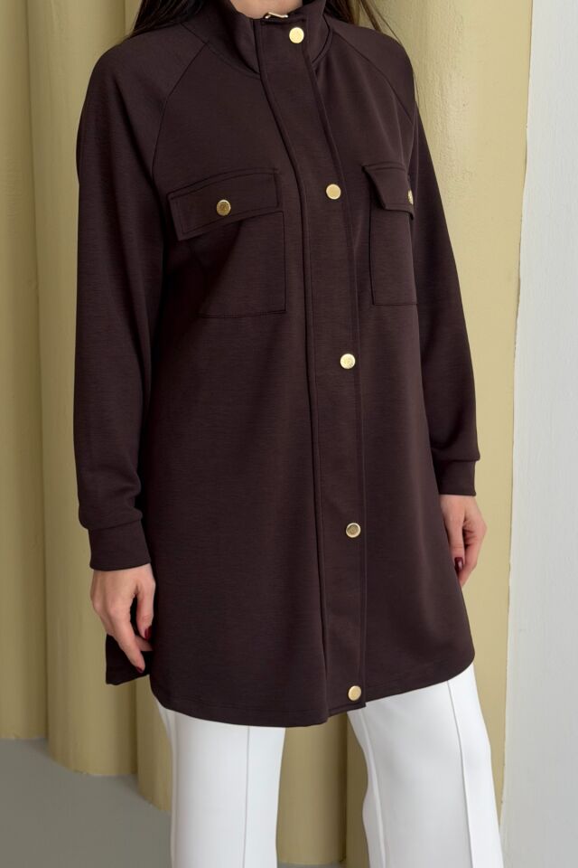 Balenbi Hakim Yaka Çıtçıtlı Cep Detaylı Modal Tesettür Tunik 1191 - Form Serisi S - Kahverengi