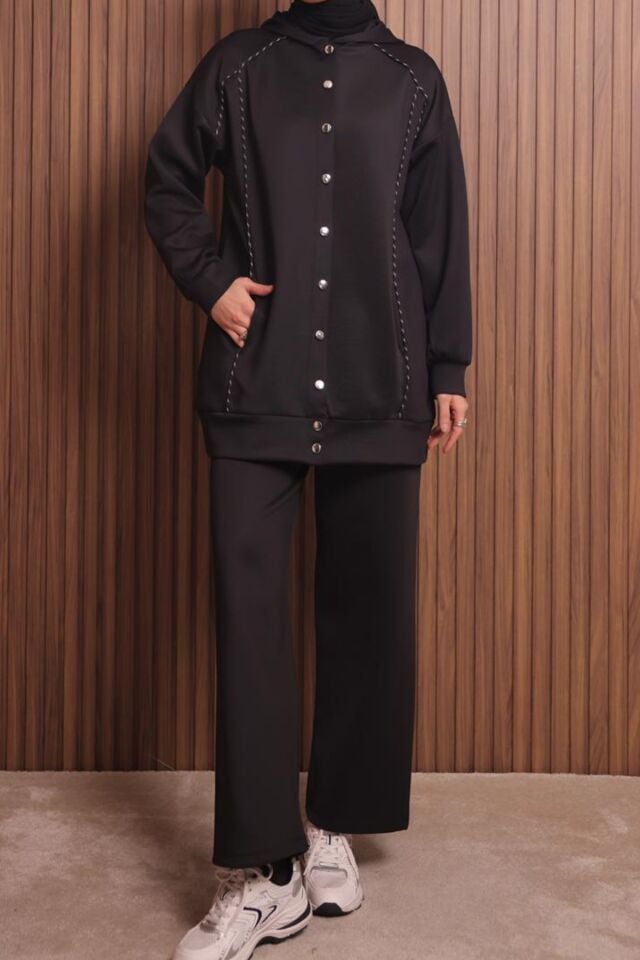 Balenbi Kadın Scuba Kumaş Kapüşonlu Düğmeli Tesettür Takım 1131 Siyah - L