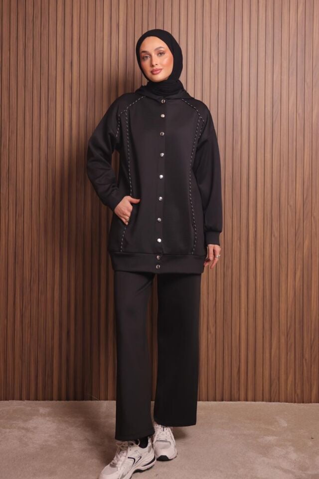 Balenbi Kadın Scuba Kumaş Kapüşonlu Düğmeli Tesettür Takım 1131 Siyah - L