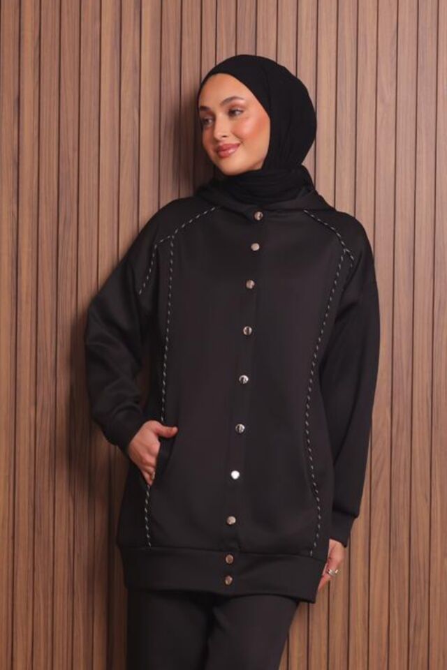 Balenbi Kadın Scuba Kumaş Kapüşonlu Düğmeli Tesettür Takım 1131 L - Siyah