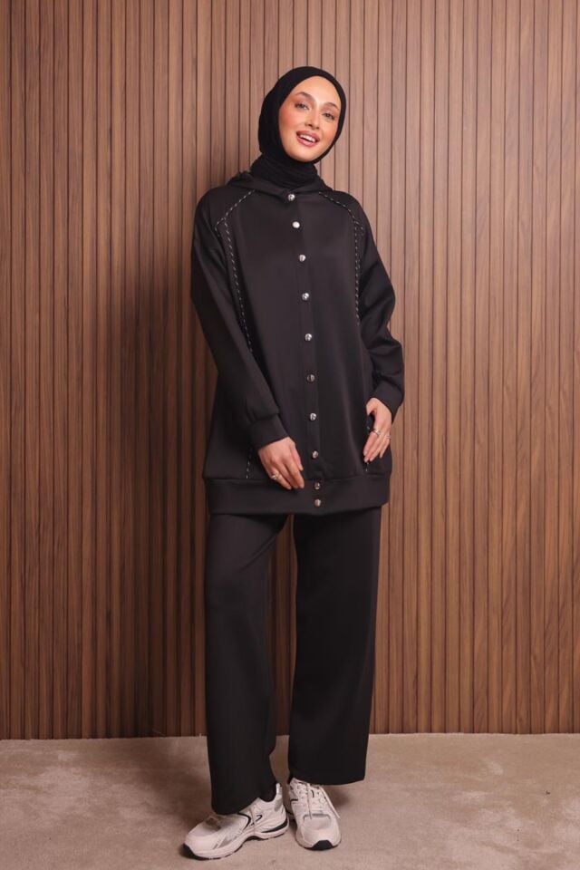 Balenbi Kadın Scuba Kumaş Kapüşonlu Düğmeli Tesettür Takım 1131 L - Siyah