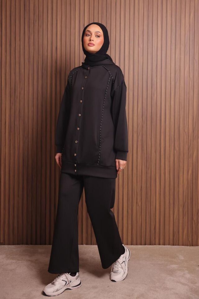 Balenbi Kadın Scuba Kumaş Kapüşonlu Düğmeli Tesettür Takım 1131 L - Siyah
