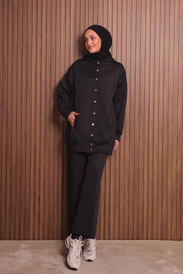 Balenbi Kadın Scuba Kumaş Kapüşonlu Düğmeli Tesettür Takım 1131 L - Siyah