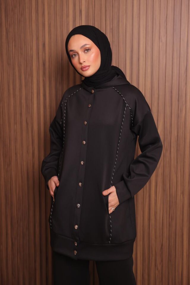 Balenbi Kadın Scuba Kumaş Kapüşonlu Düğmeli Tesettür Takım 1131 L - Siyah