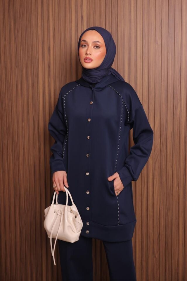 Balenbi Kadın Scuba Kumaş Kapüşonlu Düğmeli Tesettür Takım 1131 L - Lacivert