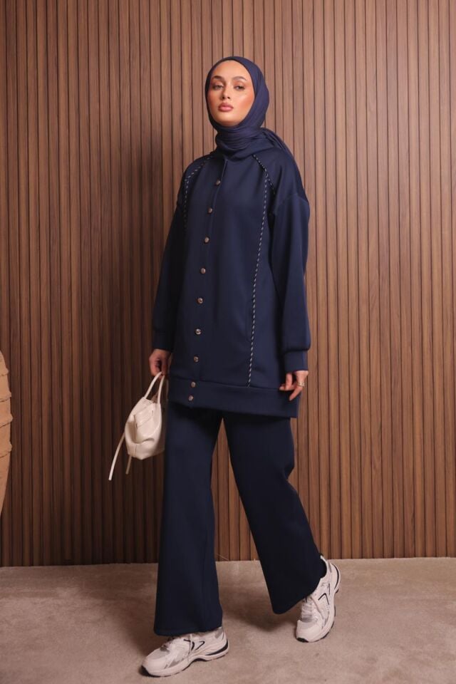 Balenbi Kadın Scuba Kumaş Kapüşonlu Düğmeli Tesettür Takım 1131 L - Lacivert