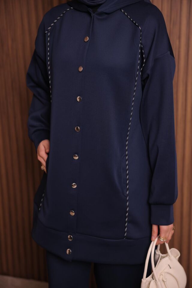 Balenbi Kadın Scuba Kumaş Kapüşonlu Düğmeli Tesettür Takım 1131 L - Lacivert