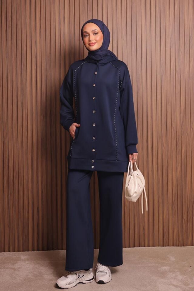 Balenbi Kadın Scuba Kumaş Kapüşonlu Düğmeli Tesettür Takım 1131 Lacivert - L