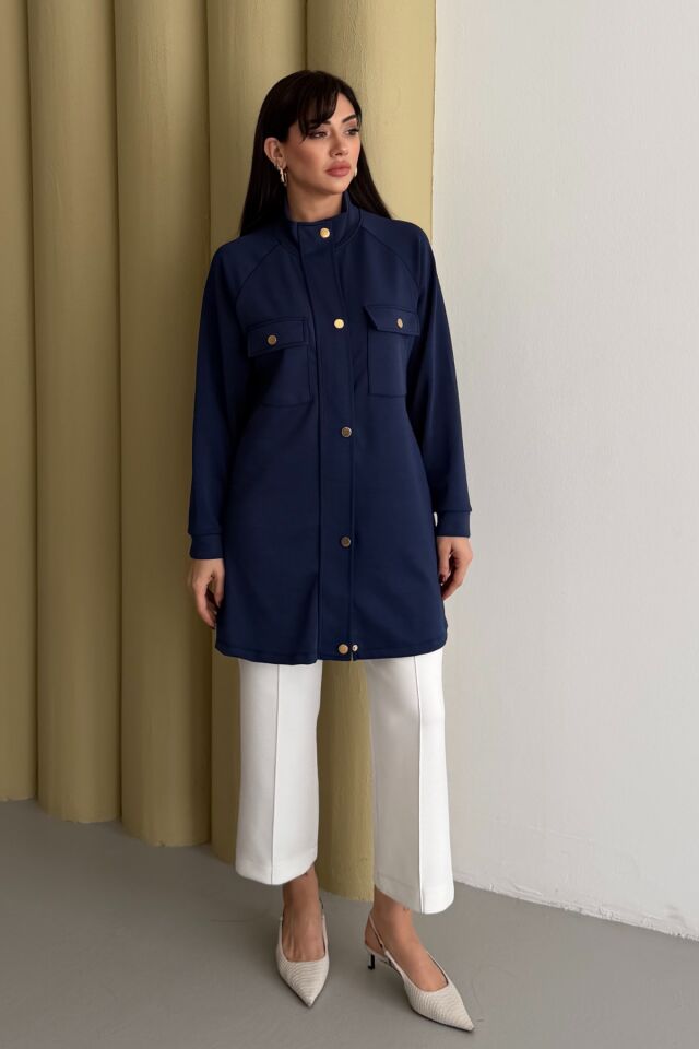 Balenbi Hakim Yaka Çıtçıtlı Cep Detaylı Modal Tesettür Tunik 1191 - Form Serisi XL - Lacivert