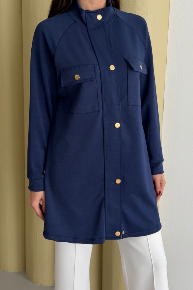 Balenbi Hakim Yaka Çıtçıtlı Cep Detaylı Modal Tesettür Tunik 1191 - Form Serisi XL - Lacivert