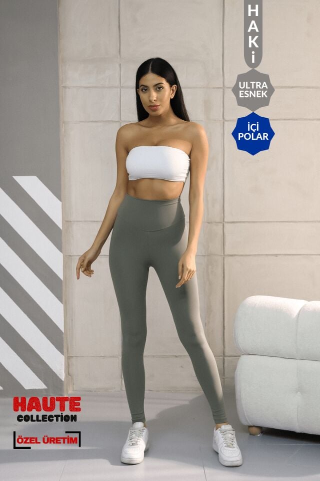 Balenbi Premium Kadın Yüksek Bel İçi Polarlı Toparlayıcı Kışlık Tayt 1093 Haki - XL