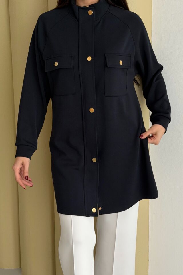 Balenbi Hakim Yaka Çıtçıtlı Cep Detaylı Modal Tesettür Tunik 1191 - Form Serisi XL - Siyah