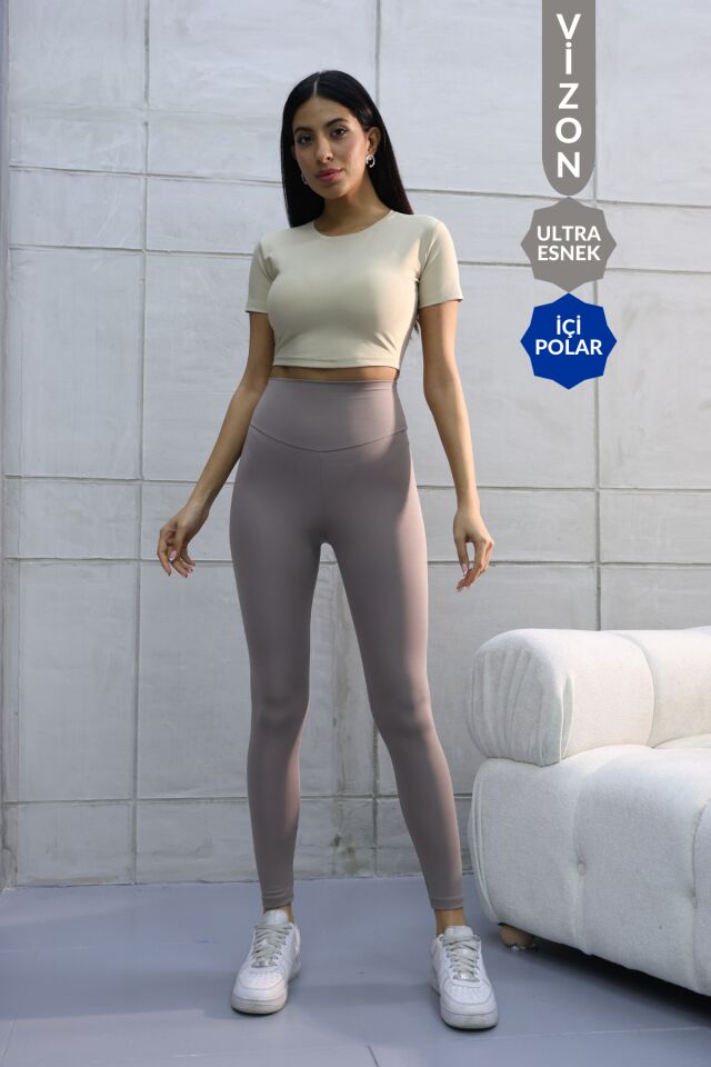 Balenbi Premium Kadın Yüksek Bel İçi Polarlı Toparlayıcı Kışlık Tayt 1093 Vizon - XL