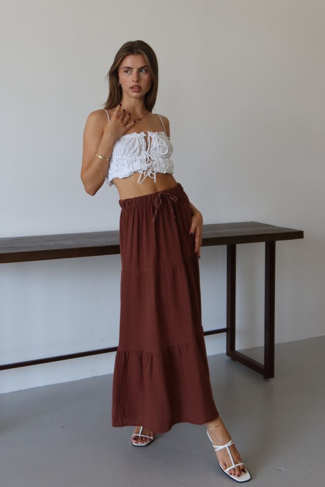 Balenbi Kadın Basic Beli Bağcıklı Müslin Etek 1104 42 - Kahverengi