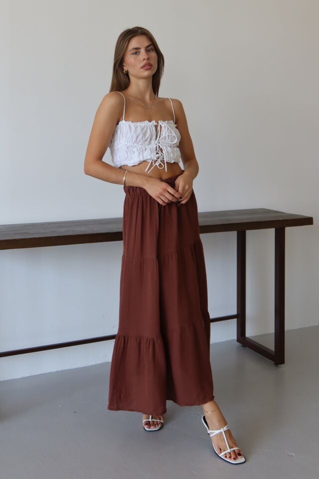 Balenbi Kadın Basic Beli Bağcıklı Müslin Etek 1104 42 - Kahverengi