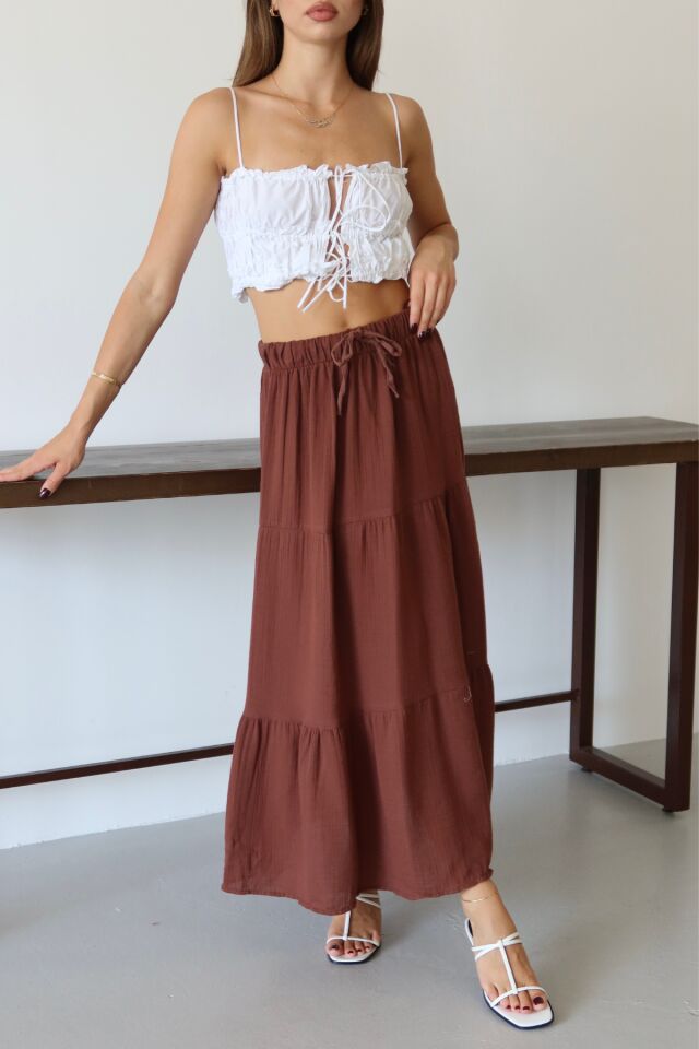 Balenbi Kadın Basic Beli Bağcıklı Müslin Etek 1104 42 - Kahverengi