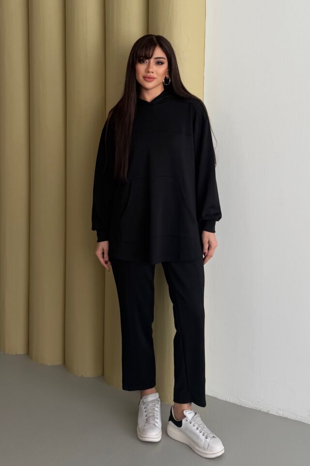 Balenbi Oversize Kapüşonlu Kanguru Cepli Modal Tesettür Takım 1192 - Form Serisi XL - Kahverengi