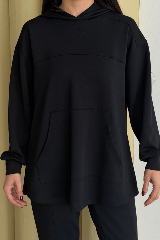 Balenbi Oversize Kapüşonlu Kanguru Cepli Modal Tesettür Takım 1192 - Form Serisi XL - Kahverengi