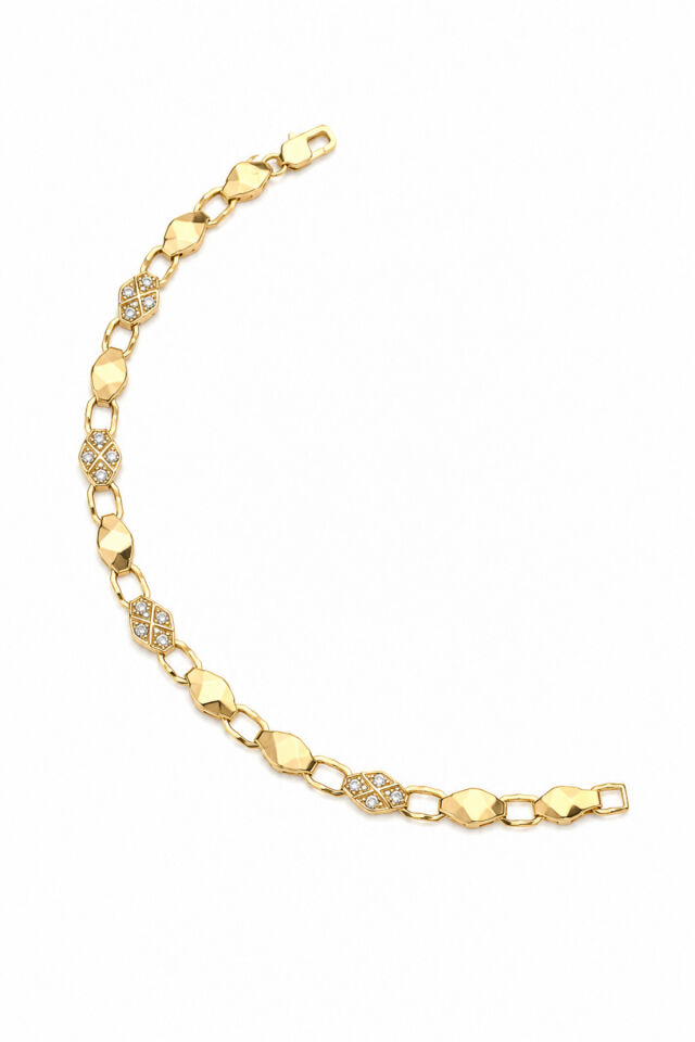 Balenbi Jewelry 14K Gold Paslanmaz Çelik Zirkon Taşlı Geometrik Desenli Kadın Bileklik 1232 Altın