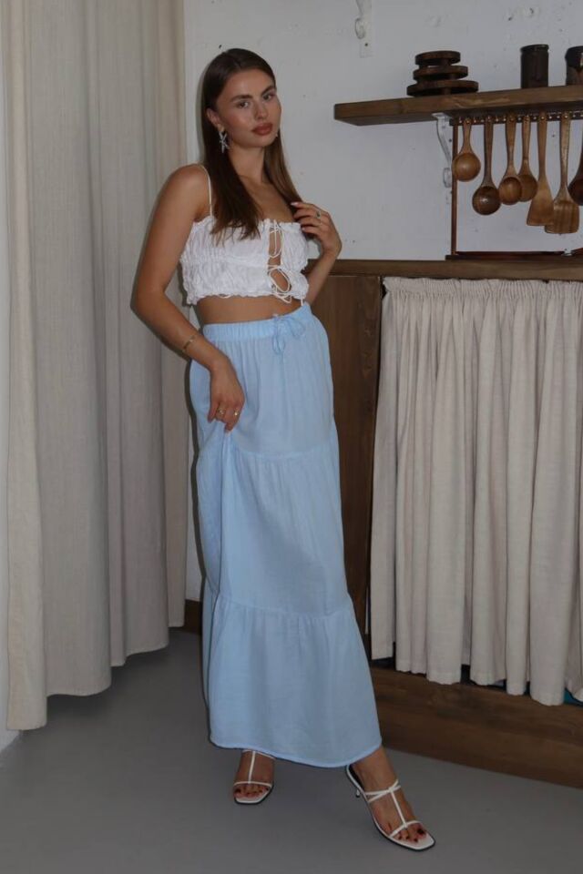 Balenbi Kadın Basic Beli Bağcıklı Müslin Etek 1104 42 - Mavi