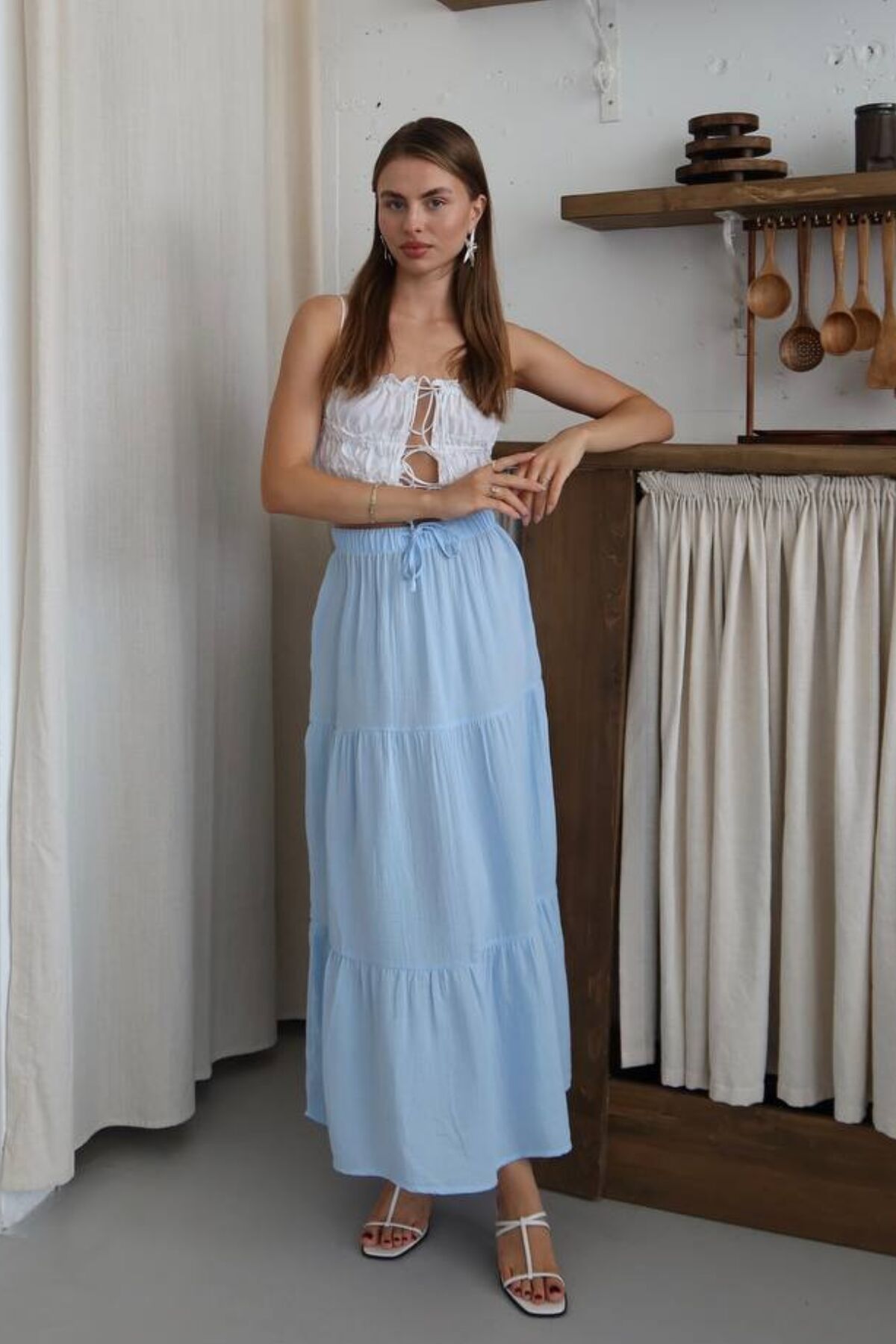 Balenbi Kadın Basic Beli Bağcıklı Müslin Etek 1104 42 - Mavi