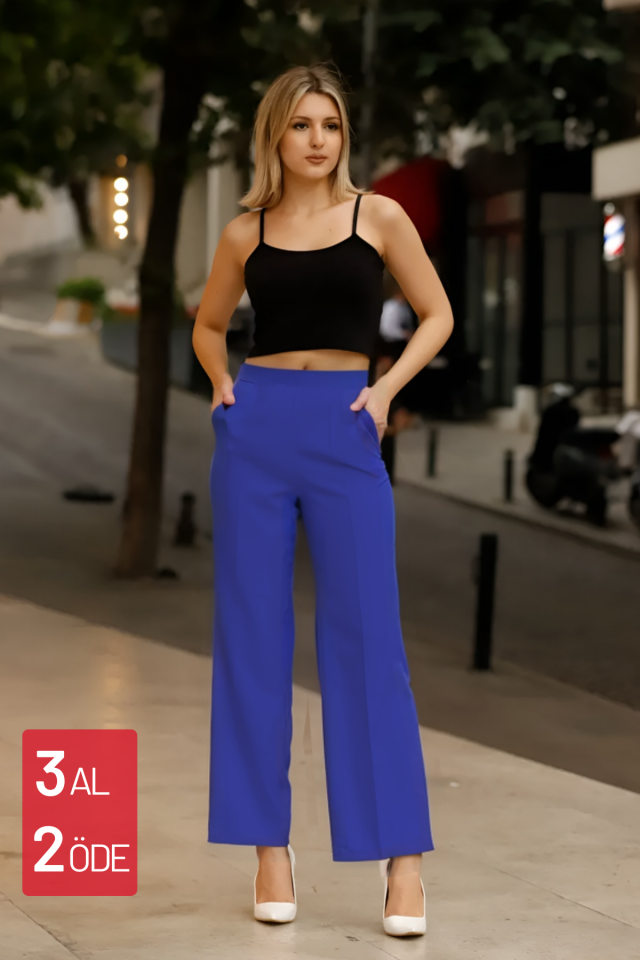 Feela Moda Kadın Yüksek Bel Likralı Palazzo Dokuma Pantolon 1002 42 - Saks Mavisi