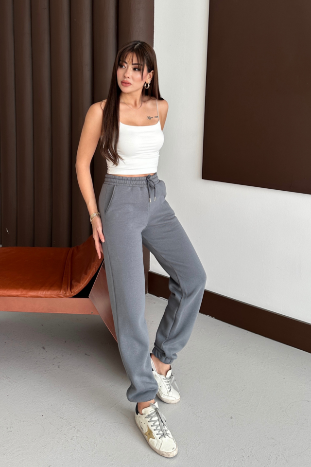 Balenbi Kadın Yüksek Bel Kışlık içi Polarlı Kalın Eşofman Altı 1091 Füme - L